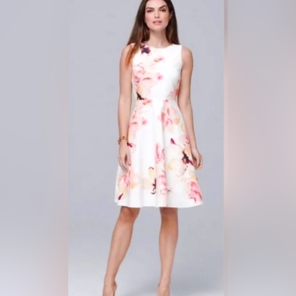 White House Black Market White Floral Fit-and-Flare Dress - Pink & Yellow Print
